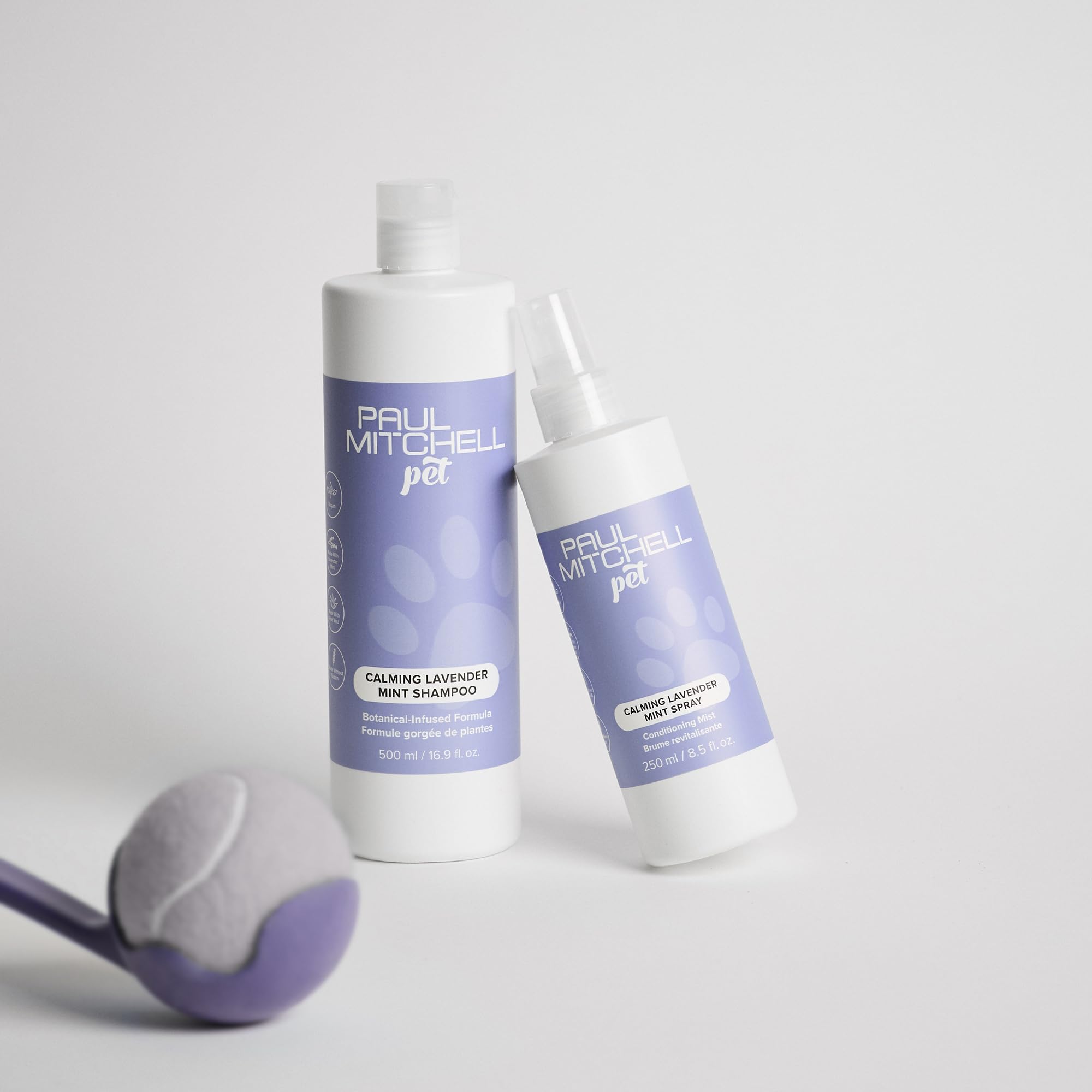 Paul Mitchell Pet Calming Lavender Mint Shampoo bath scene shows calming routine.