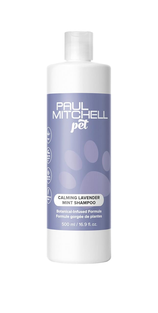 Paul Mitchell Pet Calming Lavender Mint Shampoo bottle shows vegan, cruelty-free cleansing for dogs.