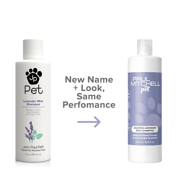 Paul Mitchell Pet Calming Lavender Mint Shampoo label highlights soothing botanical ingredients.