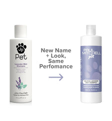 Paul Mitchell Pet Calming Lavender Mint Shampoo label highlights soothing botanical ingredients.