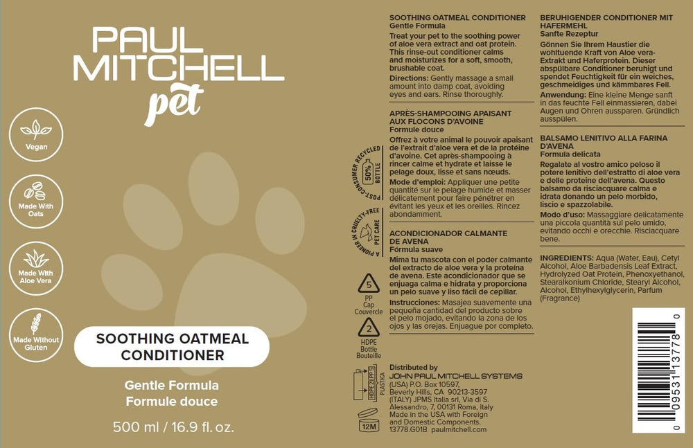 Paul Mitchell Pet soothing oatmeal conditioner label close-up shows product details