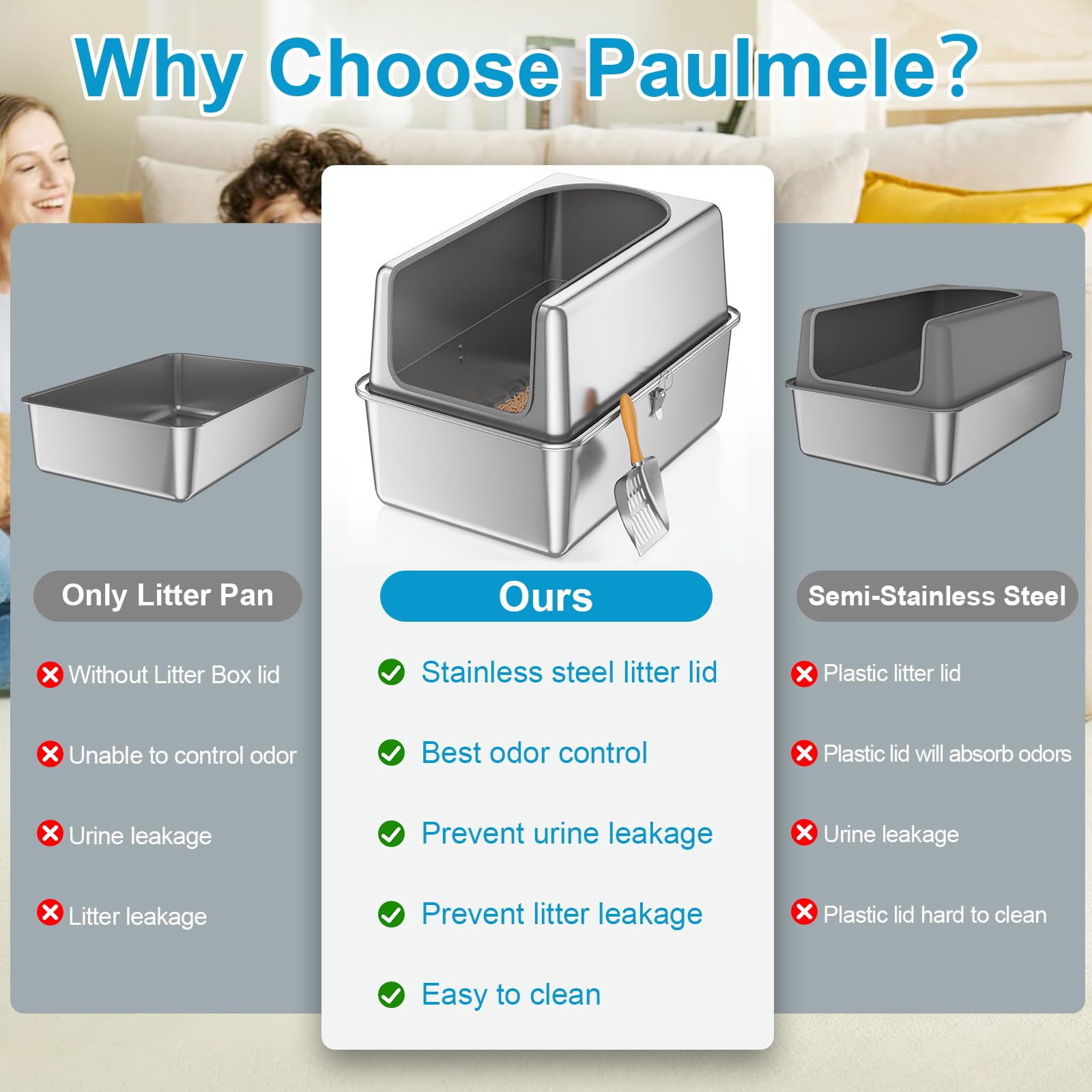 Paulmele stainless-steel litter box surface offers durable, non-stick cleaning and odor resistance.