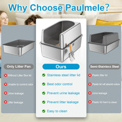 Paulmele stainless-steel litter box surface offers durable, non-stick cleaning and odor resistance.