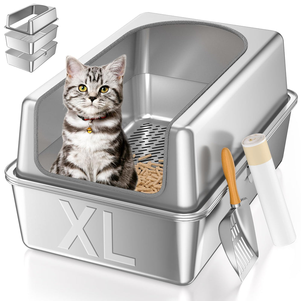 Paulmele XL stainless steel litter box top view highlights durable build and easy maintenance
