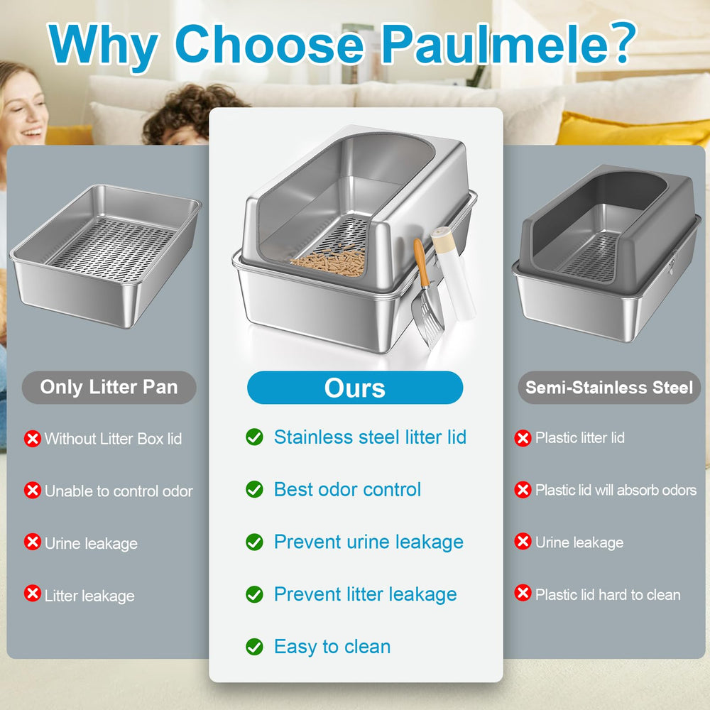 Paulmele XL sifting litter box with pine pellets shows efficient odor control and low-dust cleanup