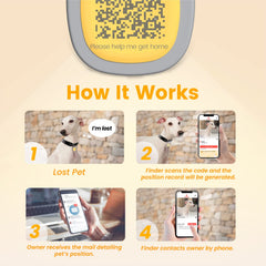 Pawaii QR code location alerts tag illustrated with scan access to info.