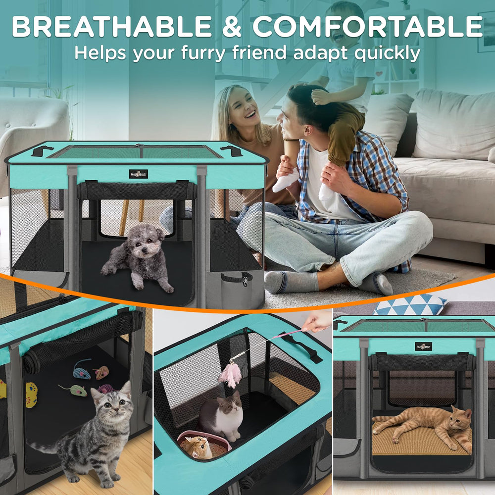 PAW BALLET foldable playpen has a waterproof bottom for cleanup.