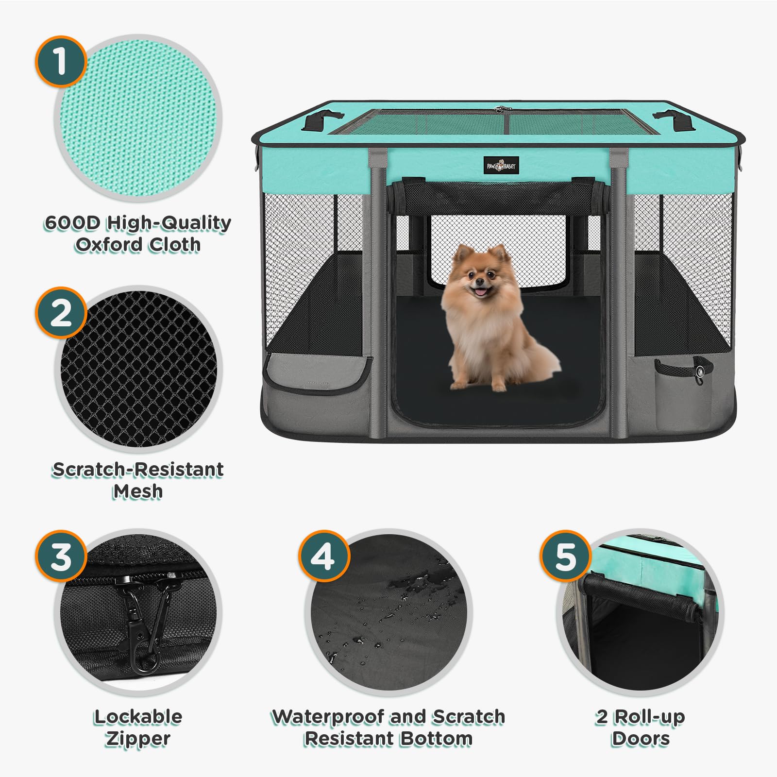 PAW BALLET playpen with retractable top provides shade and ventilation.