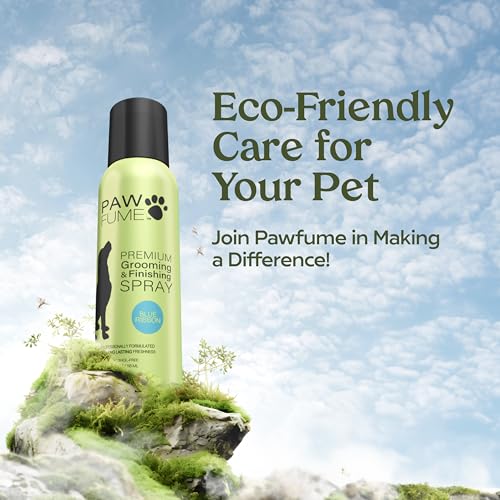 Paw Fume Blue Ribbon bottle cap closeup underscores premium salon-quality deodorizing spray.