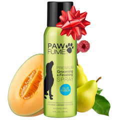 Paw Fume Blue Ribbon bottle pour demonstrating long-lasting freshness for dogs.