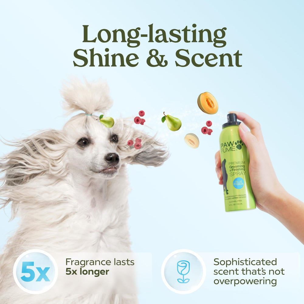 Paw Fume Blue Ribbon grooming session shows easy brushing and reduced static cling.