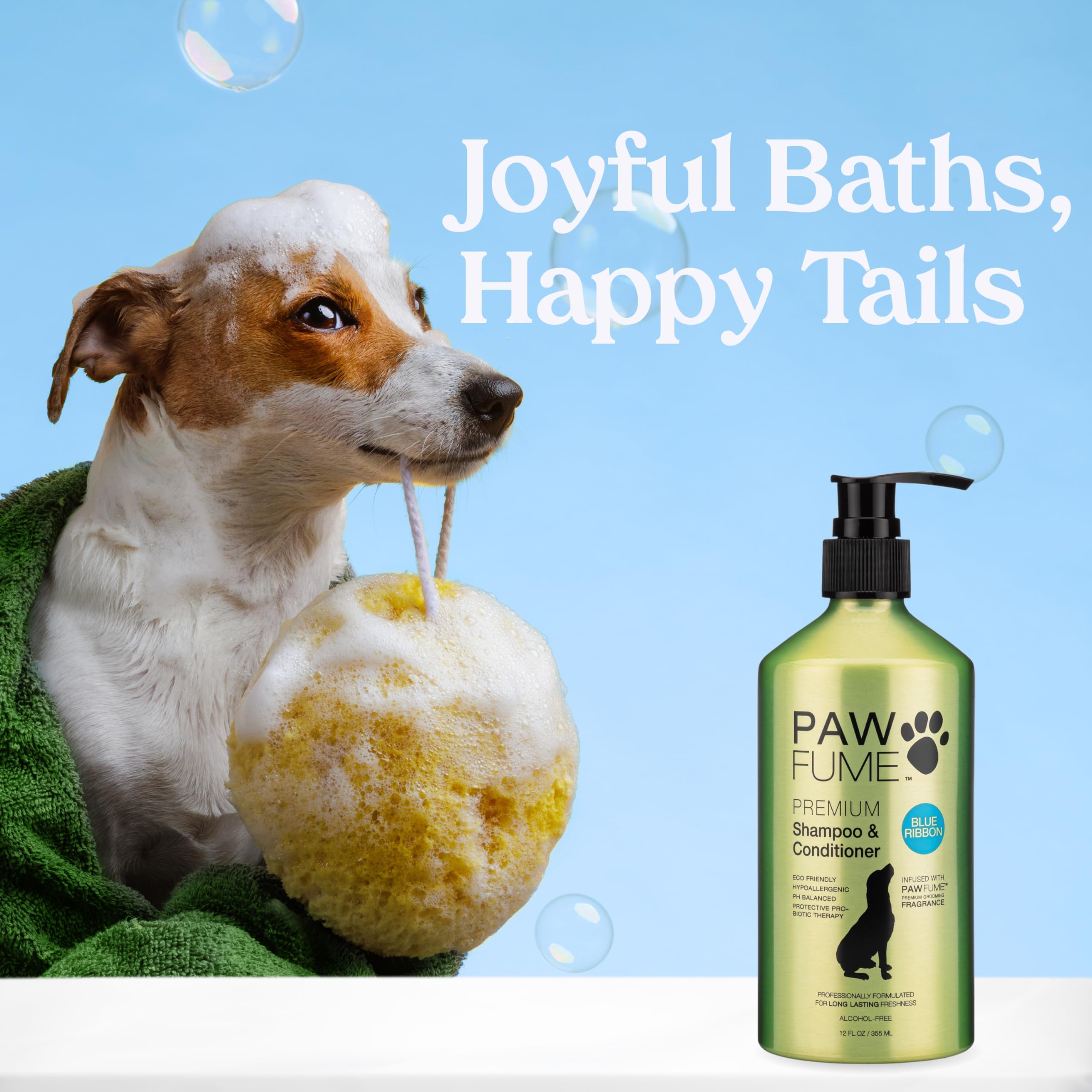 Paw Fume champú para perros: envase azul promocionando cuidado de la piel y brillo