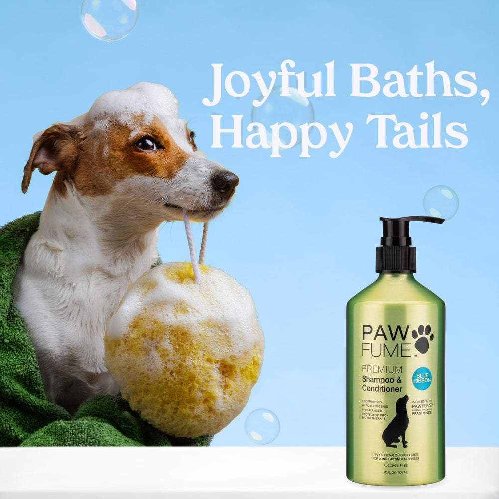 Paw Fume champú para perros: envase azul promocionando cuidado de la piel y brillo