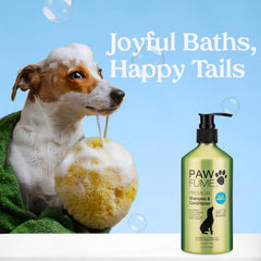 Paw Fume champú para perros: envase azul promocionando cuidado de la piel y brillo