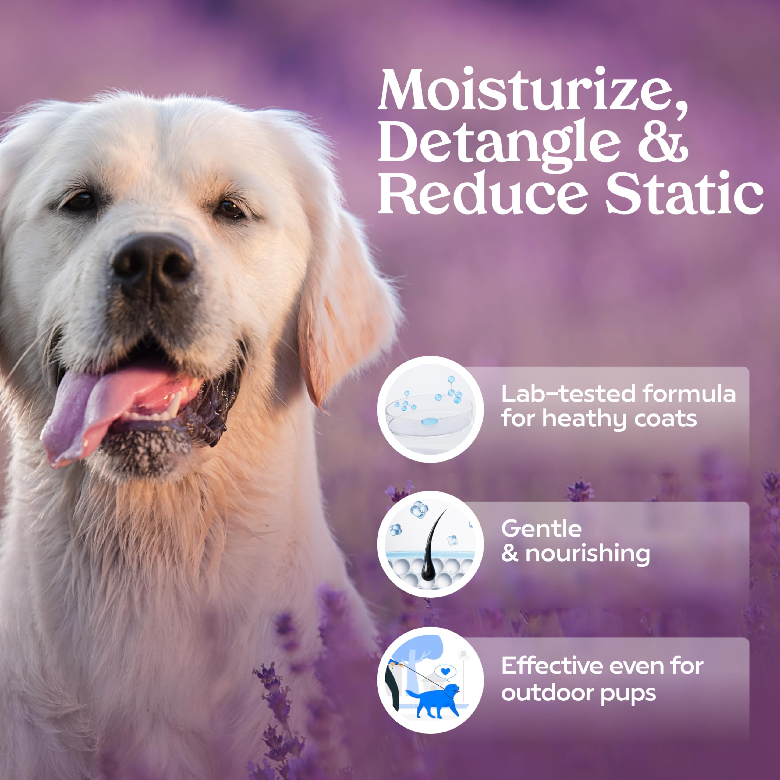 Paw Fume Royal Lavender Spray Application shows even mist for detangling.