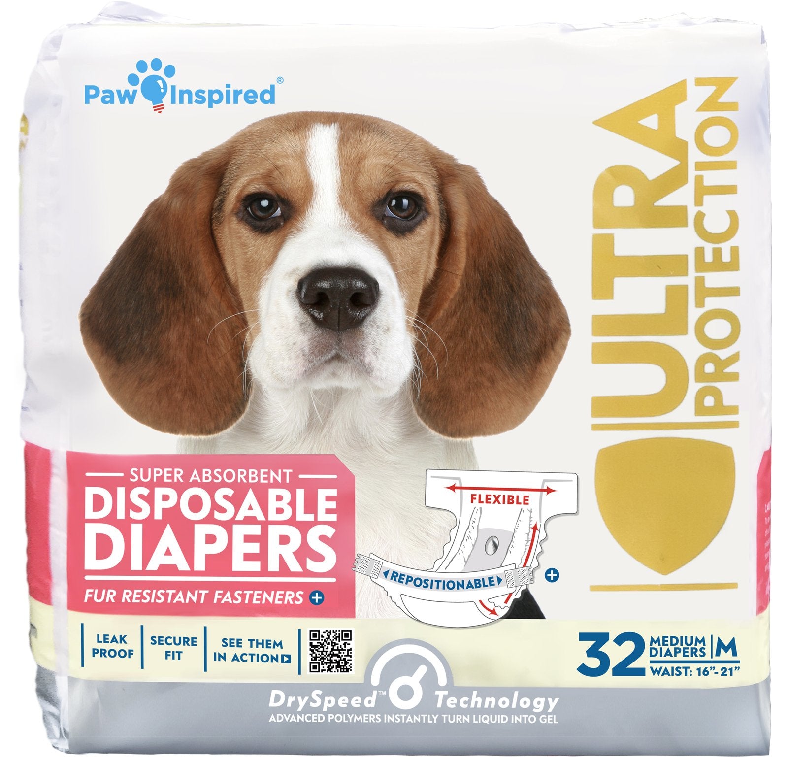 Paw Inspired 32ct disposable dog diapers pack-front shows secure fit for training and daily wear.