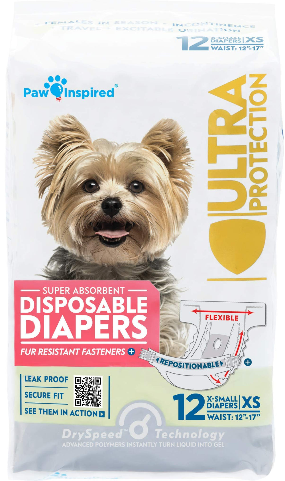 Paw Inspired disposable dog diapers packaging front for reliable protection and fit.