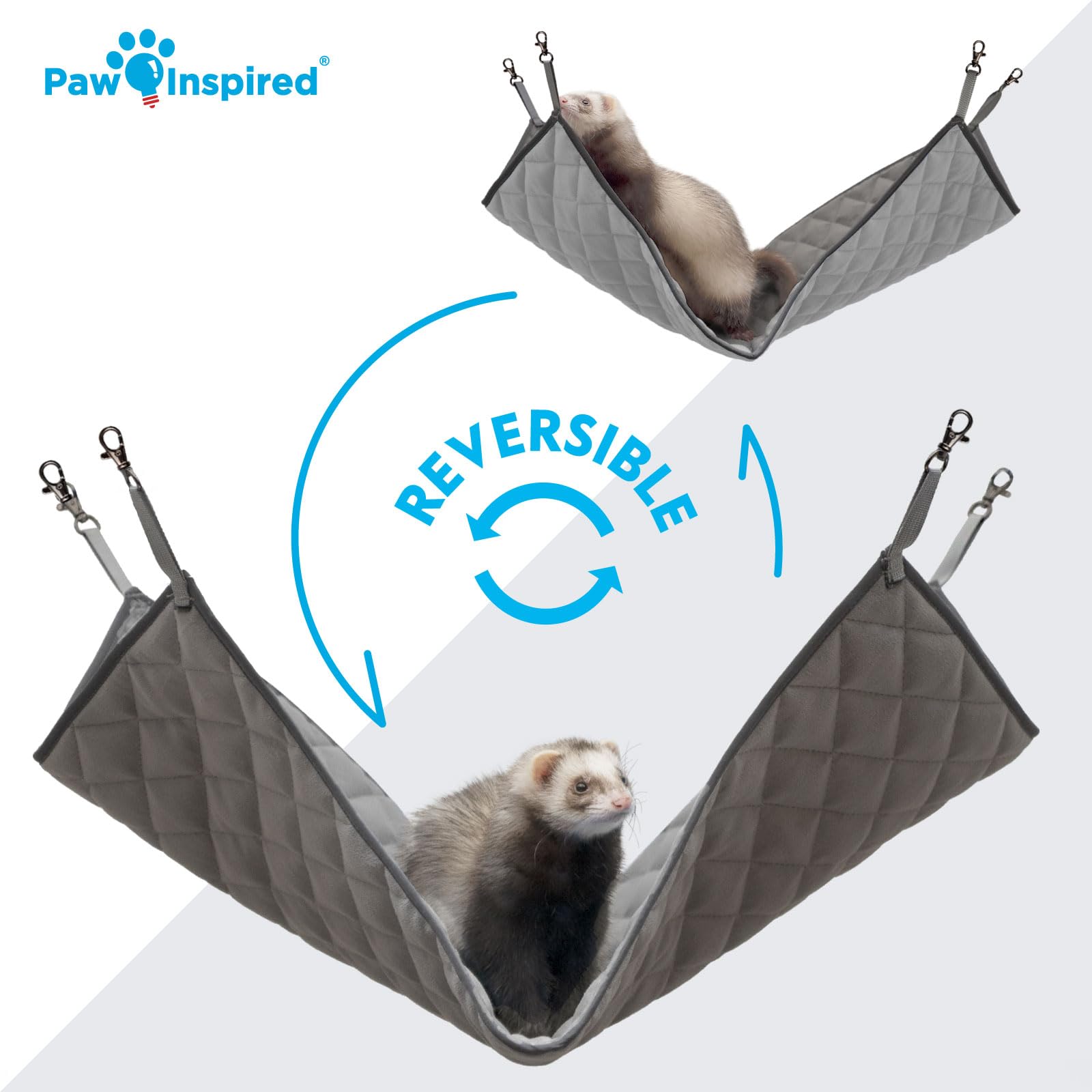 Paw Inspired hammock with reversible gray side for versatile cage styling.