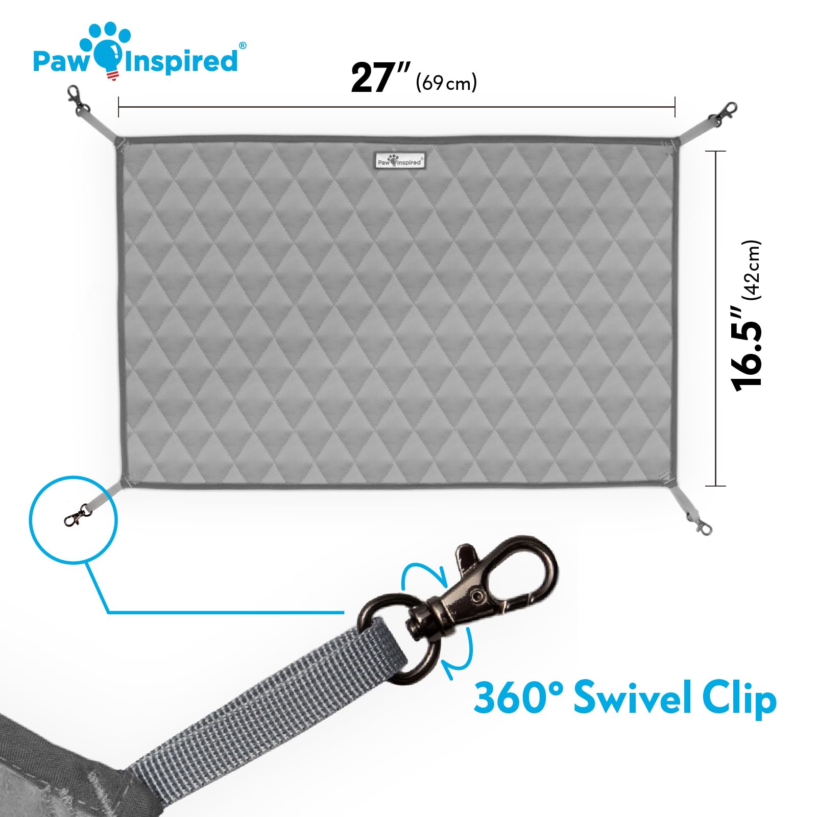 Paw Inspired hammock with swivel clips demonstrates secure cage attachment.