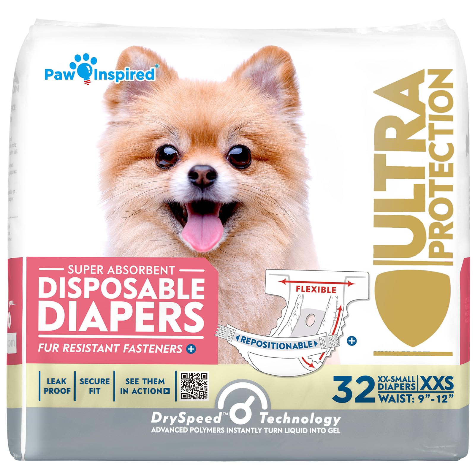 Paw Inspired XXS disposable dog diapers pack shown for tiny breeds with secure fit