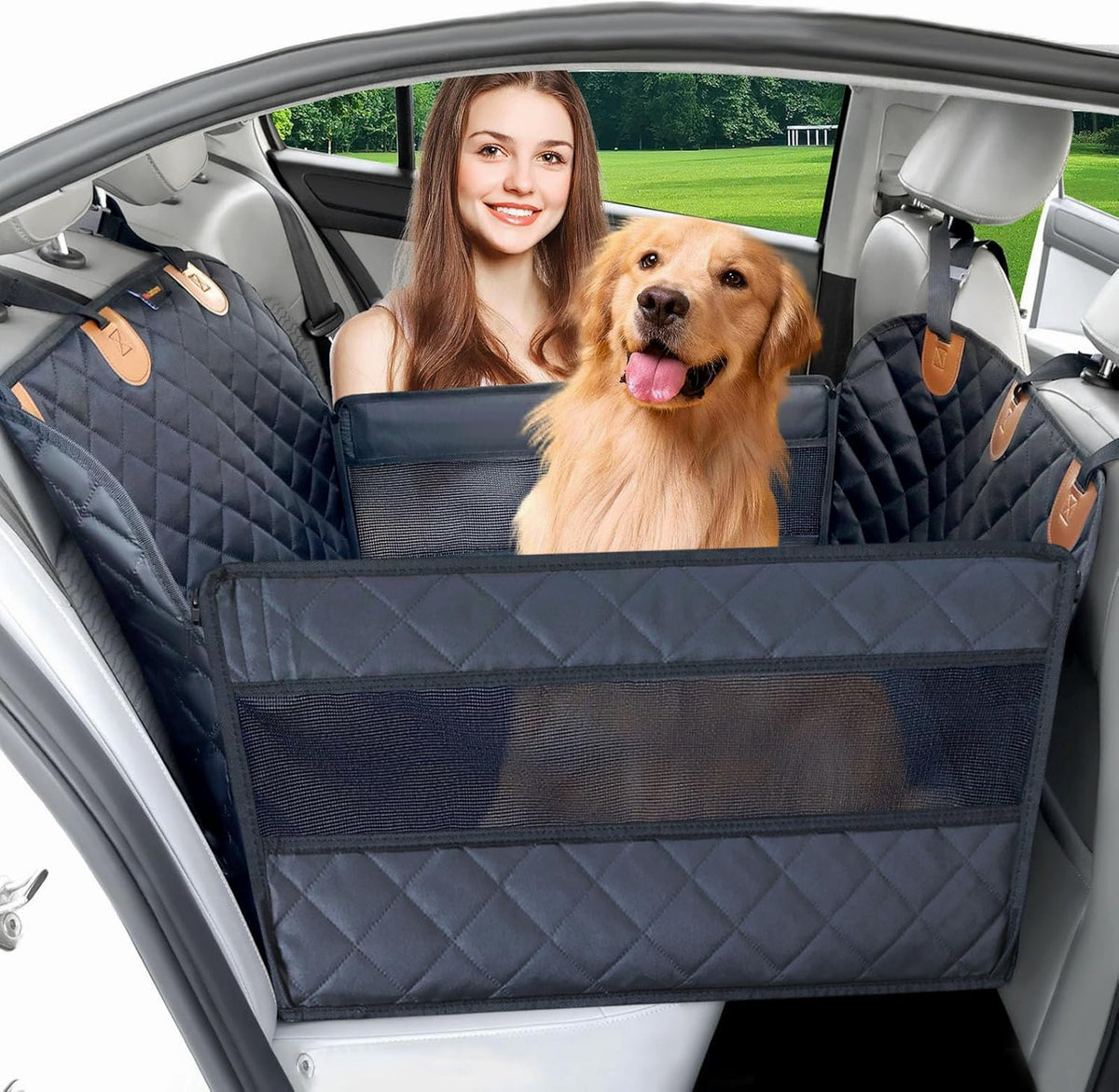 Paw Jamboree hard-bottom back seat provides sturdy support for large dogs on car trips.