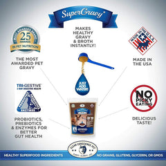 Paw Jus SuperGravy packaging front shows 4.5 oz bottle, gluten-free.