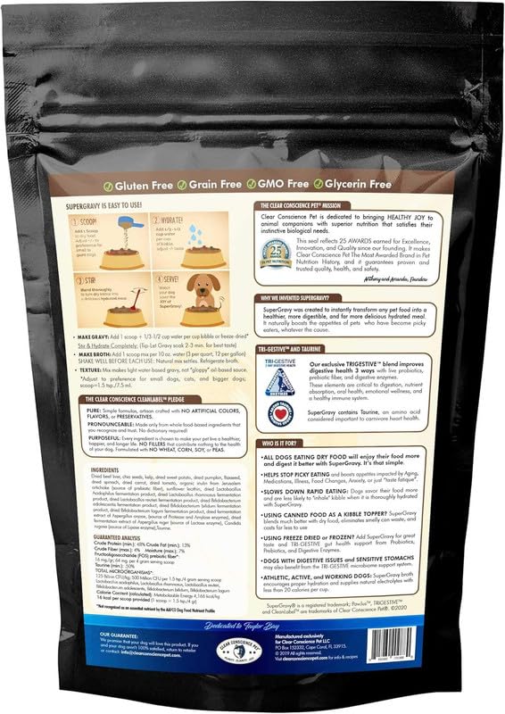 CLEAR CONSCIENCE PET Paw Jus SuperGravy served over kibble invites picky eaters to try a savory topper.