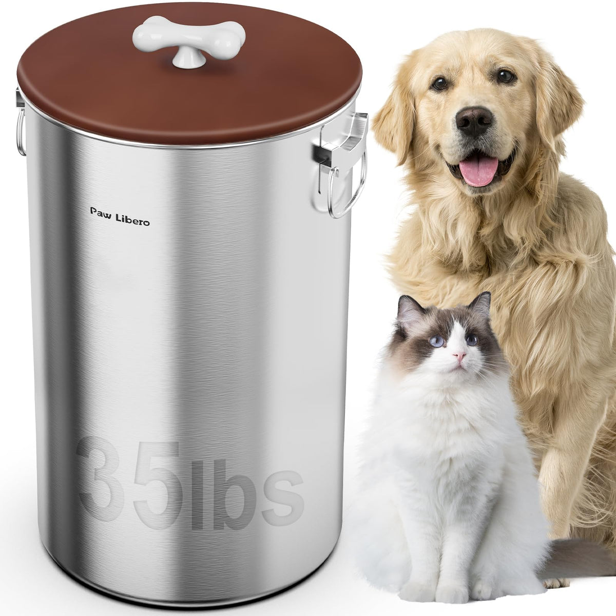 Paw Libero 35lbs stainless steel container with airtight lid keeps kibble fresh longer