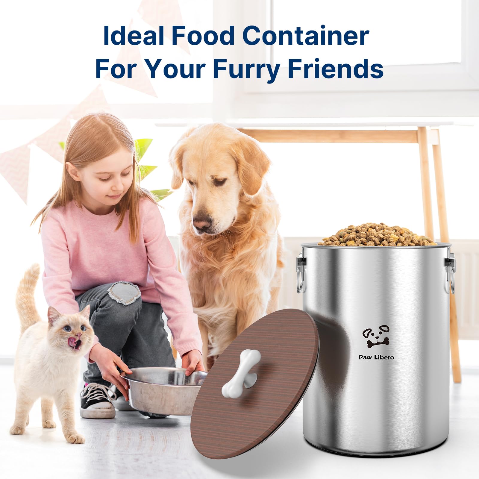 Paw Libero easy-clean stainless steel surface with wooden lid for hygienic storage