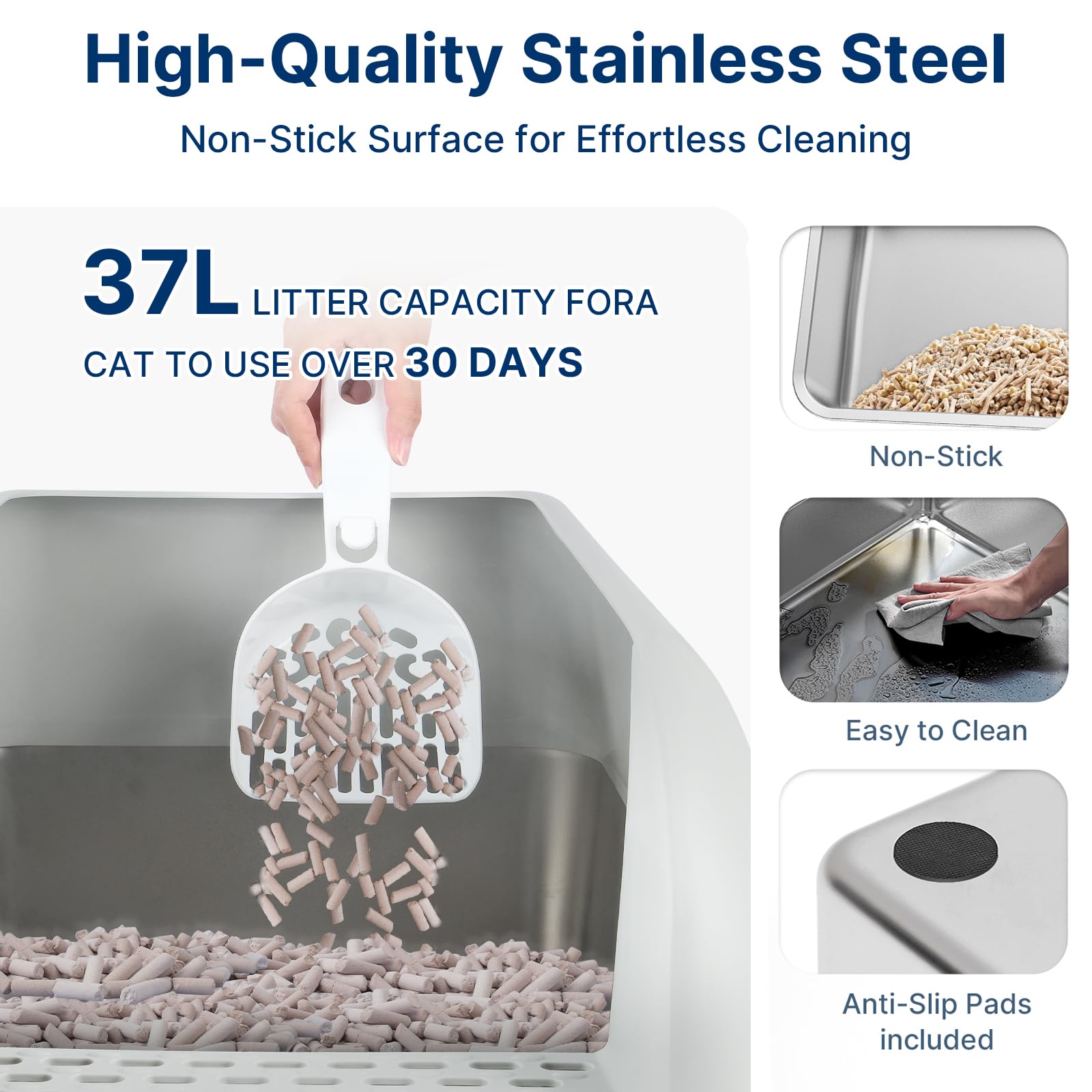 Paw Libero high-sides design reduces litter scatter and spills for cleaner floors.