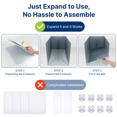 Paw Libero no-assembly litter shield unfolds in seconds for quick setup.
