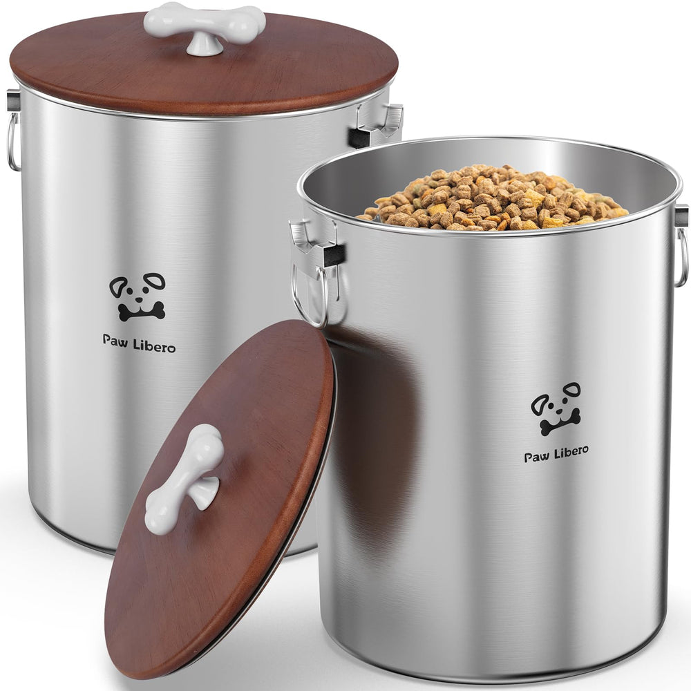 Paw Libero stainless steel dog food bin front view for durable dry food storage.