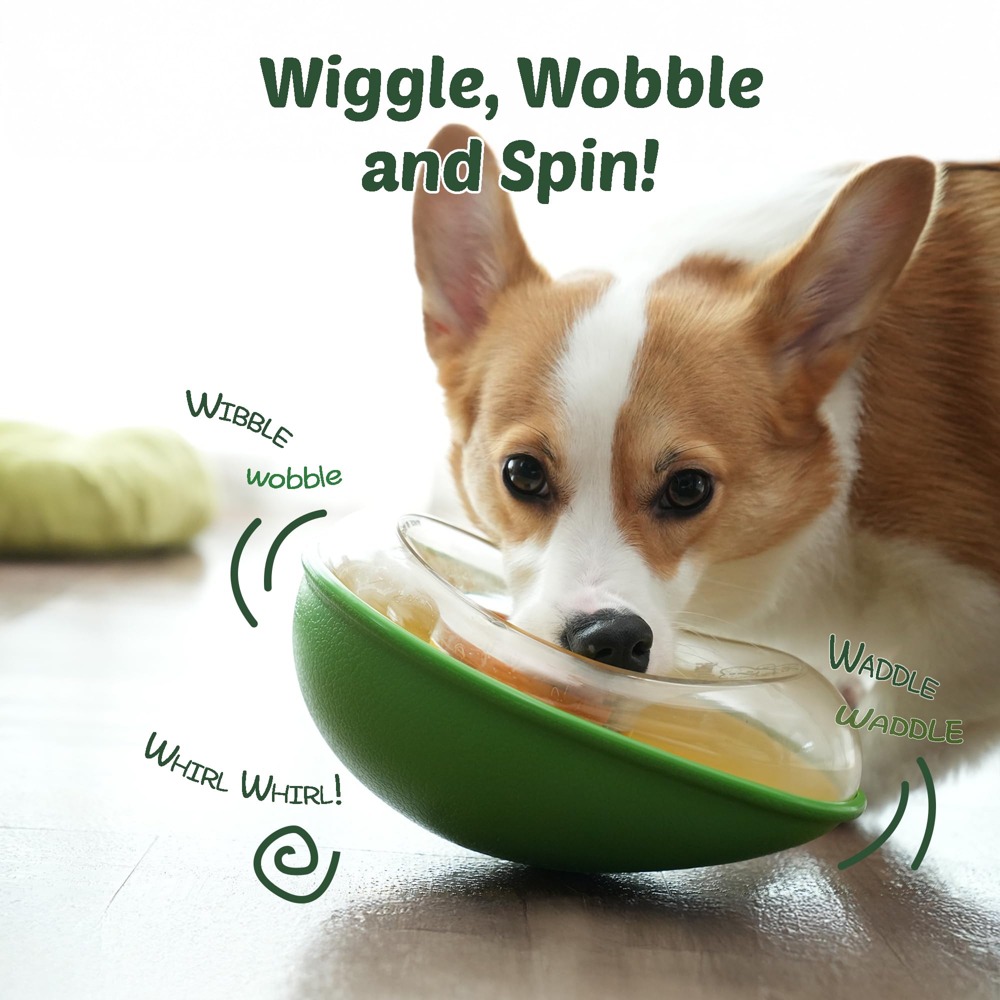 PAW QUEST Avocado wobble toy dog playing image highlights interactive play and treats
