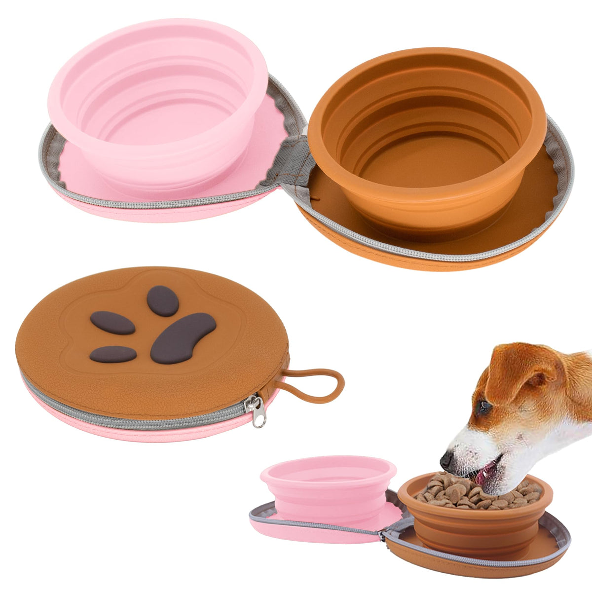 PawSailor collapsible bowls ready for travel showing 2-in-1 food and water