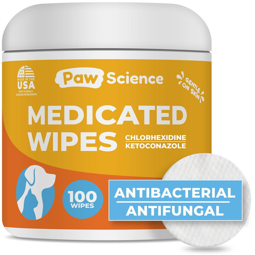 Paw Science antibacterial wipes bottle: vet-strength skin care for dogs and cats.