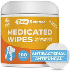 Paw Science antibacterial wipes bottle: vet-strength skin care for dogs and cats.