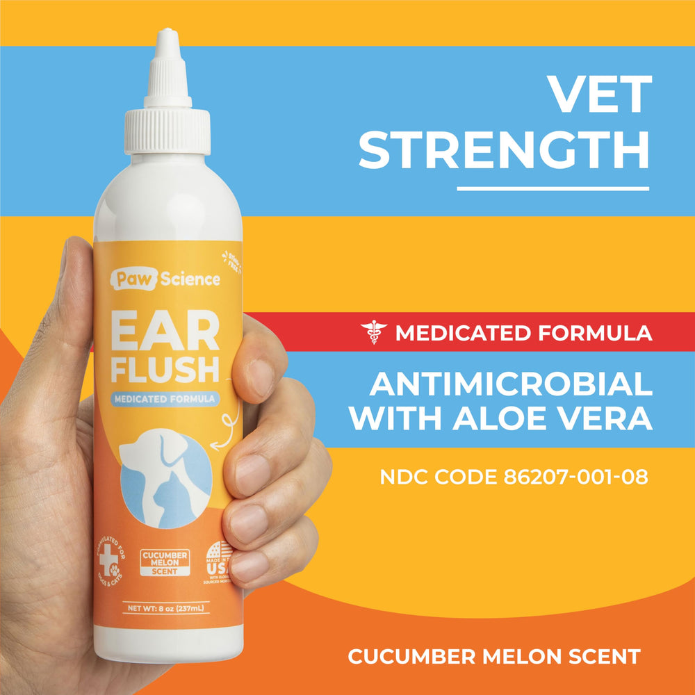 Paw Science ear cleaner bottle pour demonstrates easy application for regular pet ear care.