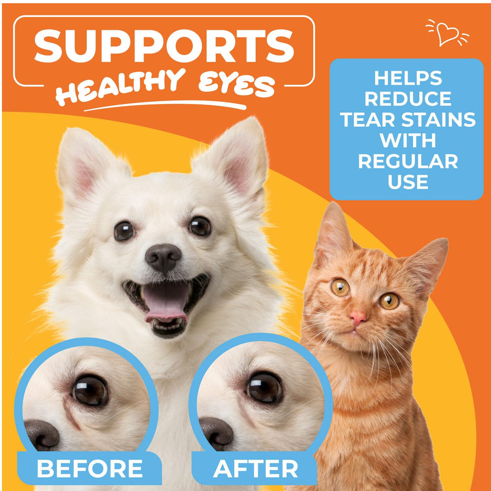 Paw Science eye wipes tear-stain removal demo image highlights stain reduction potential.