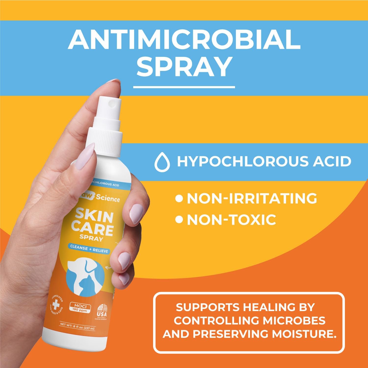 Paw Science Skin & Wound Care Spray label close-up highlighting lick-safe antiseptic formula