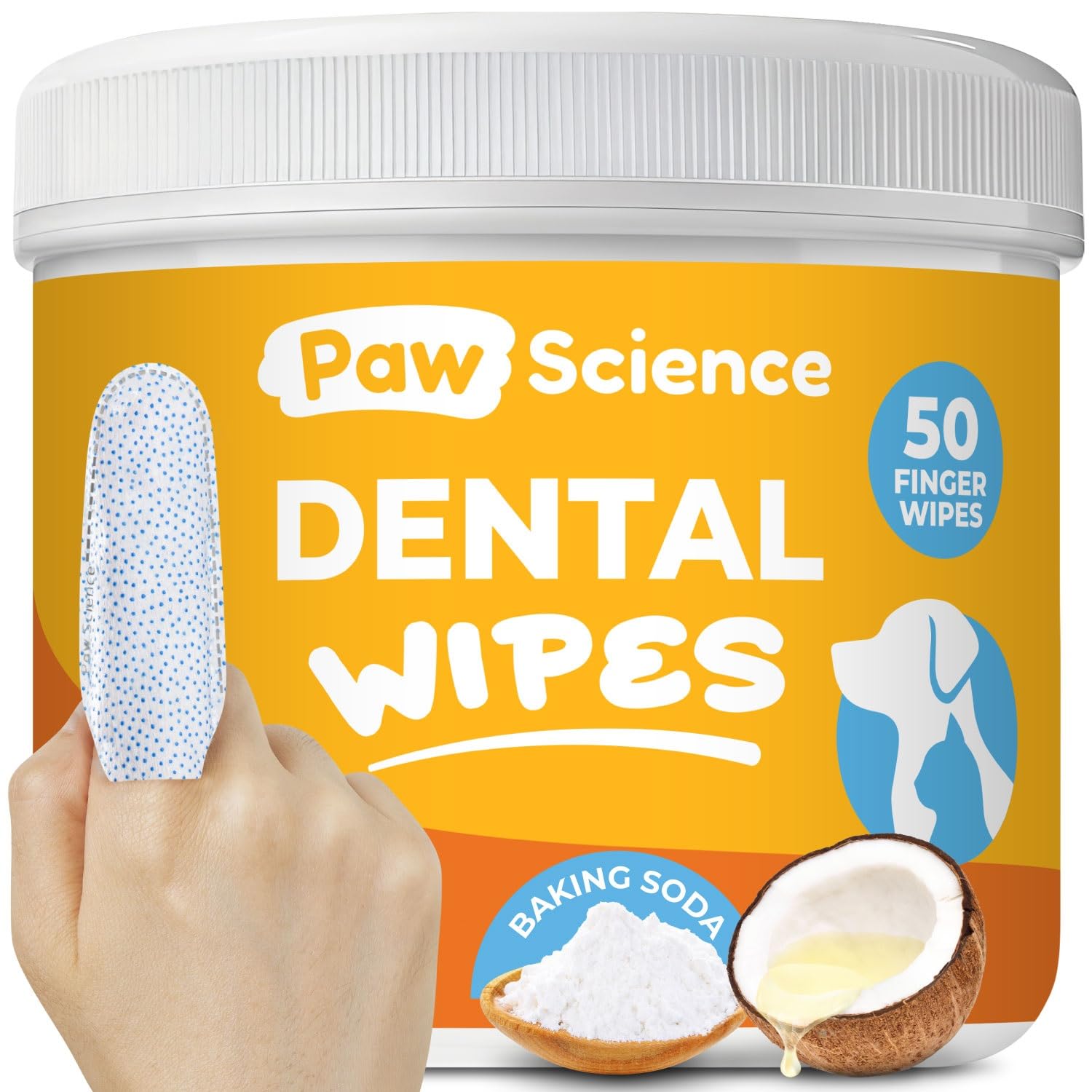 Paw Science teeth wipes package illustrates quick, no-rinse dental care for pets.