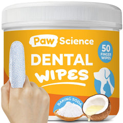Paw Science teeth wipes package illustrates quick, no-rinse dental care for pets.
