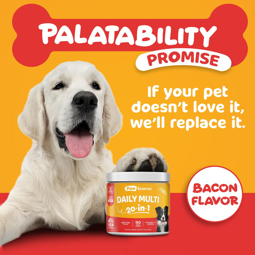 Paw Science vet-formulated label shown for dogs of all breeds and life stages