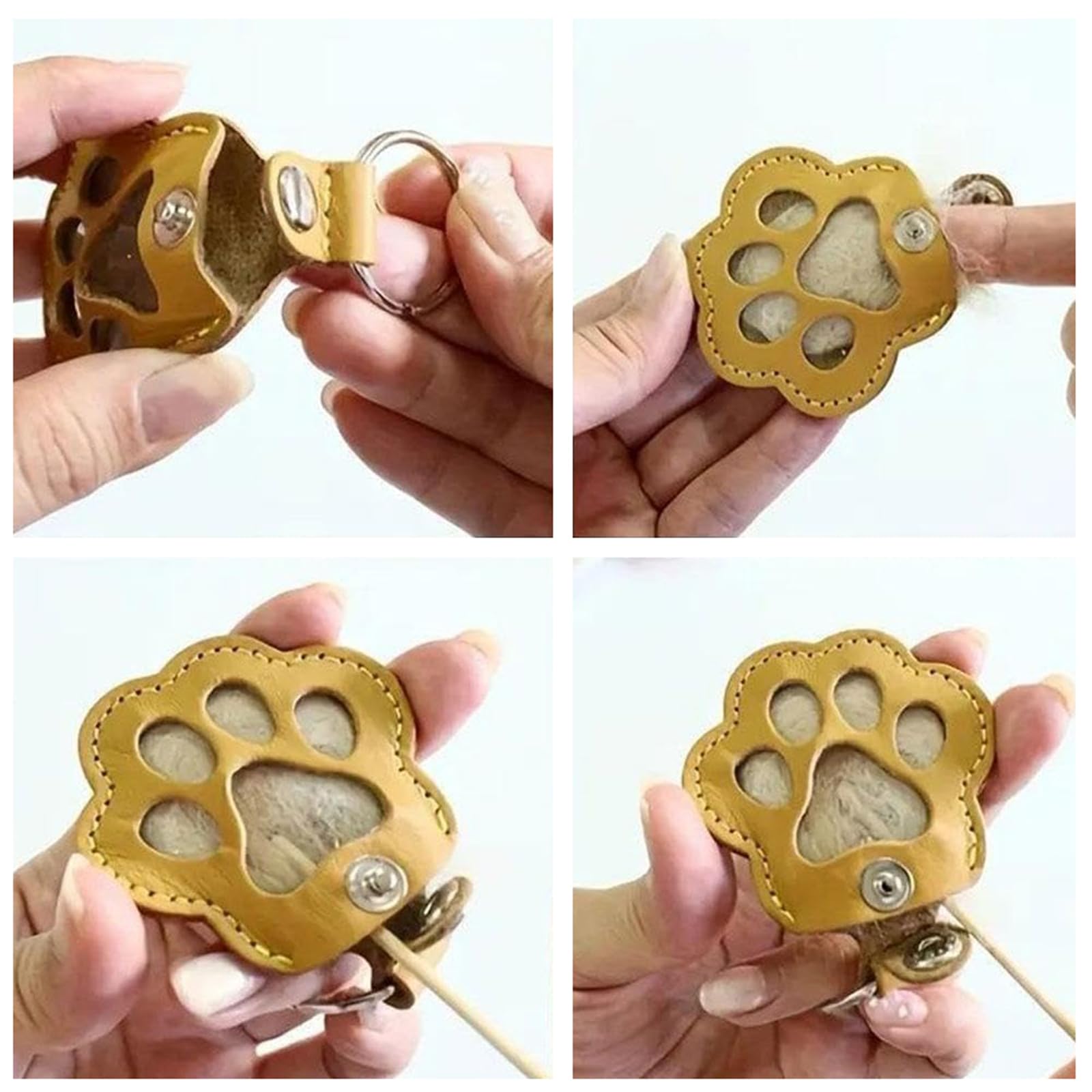 Paw-shaped leather pet fur keychain refillable capsule enables easy fur updates
