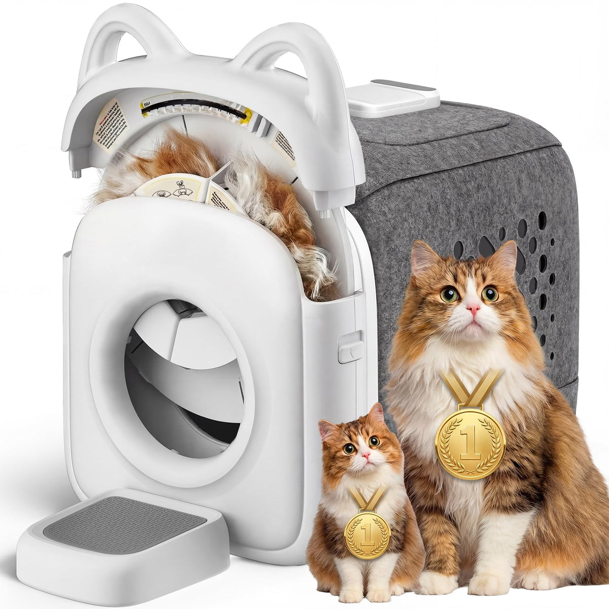 PawSwing Automatic Groomer 360° in action shows comprehensive grooming for multiple cats.