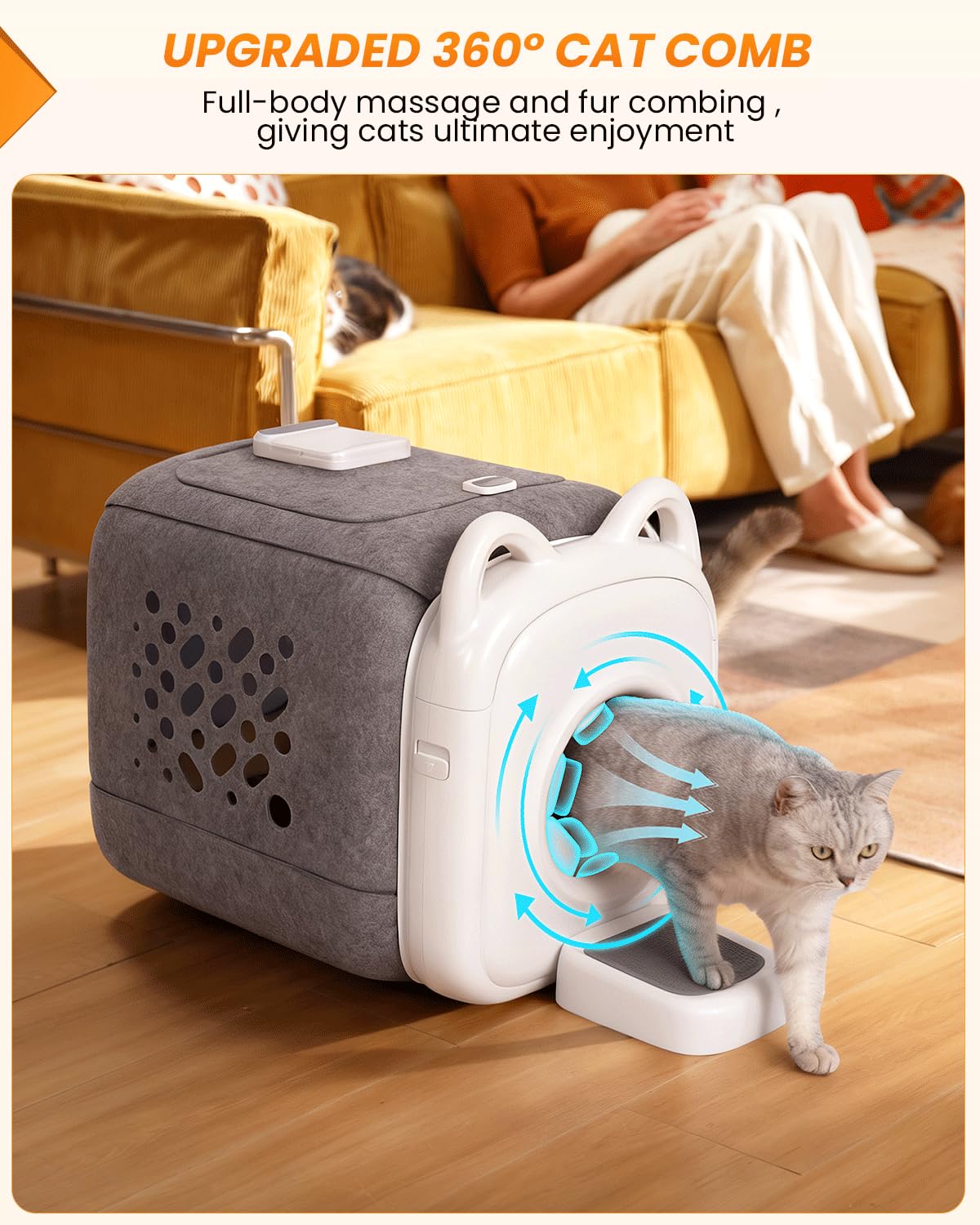 PawSwing no-electricity-required design shows hands-free grooming without power.
