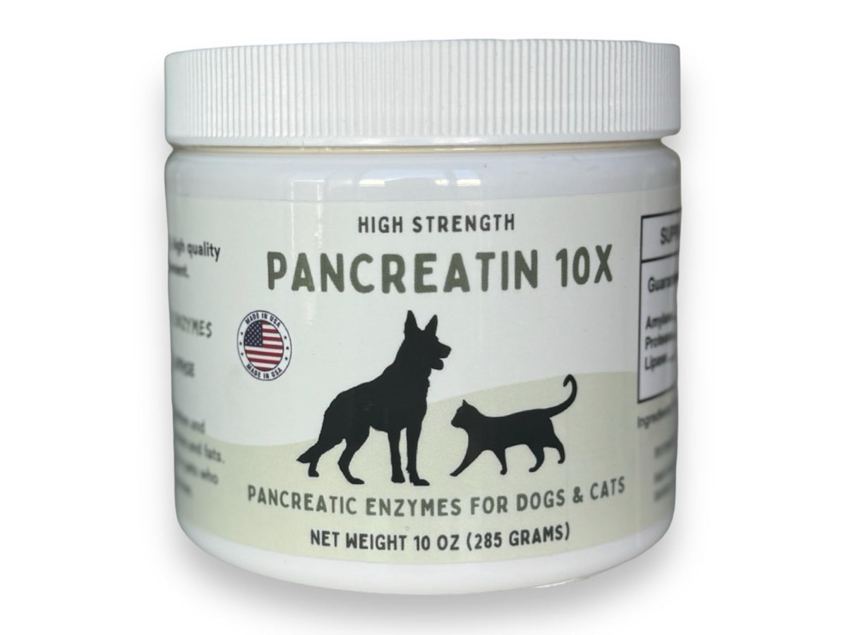 Paw Vitality Pancreatin 10X bottle front view showing high-strength digestive enzymes