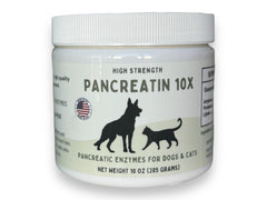 Paw Vitality Pancreatin 10X bottle front view showing high-strength digestive enzymes