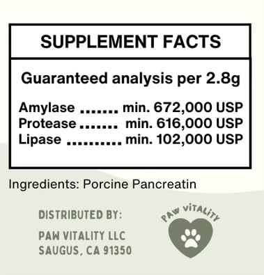 Paw Vitality Pancreatin 10X shown being poured into a pet meal for digestion support