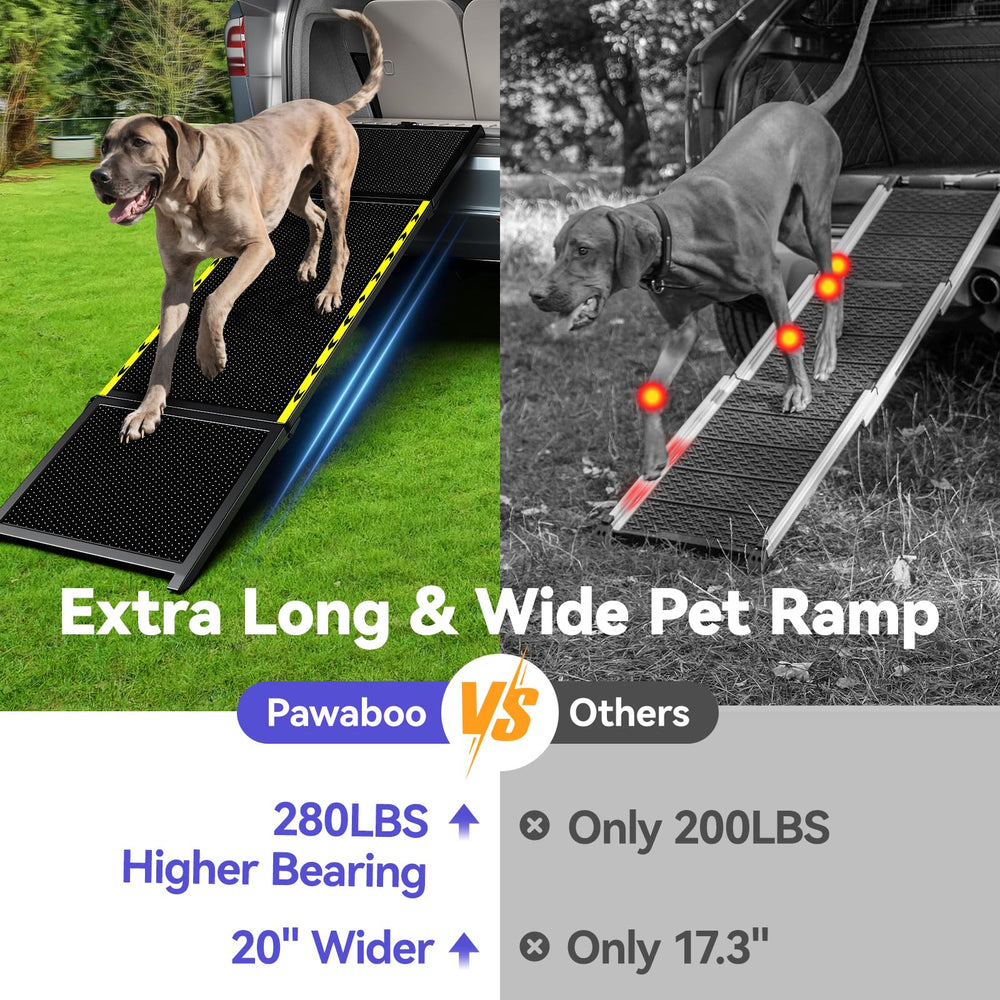 Pawaboo 74-inch ramp extended length close-up emphasizes stability for large dogs.