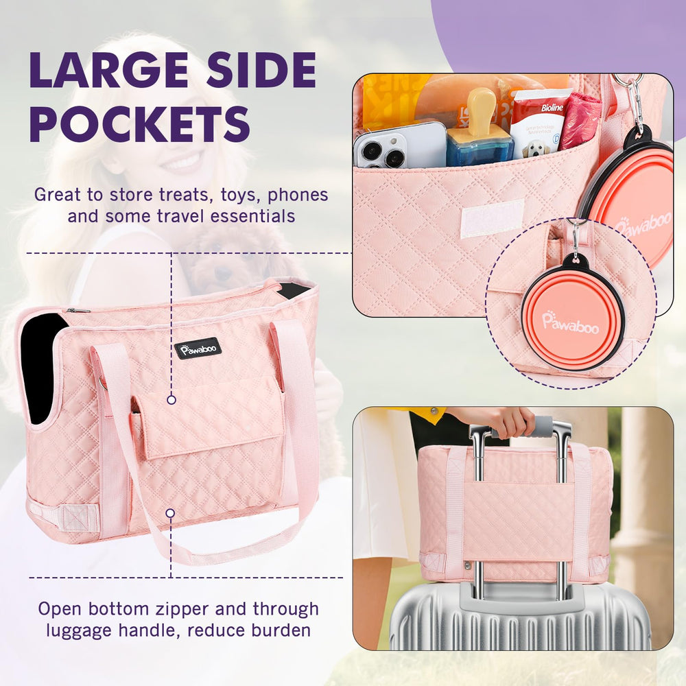 Pawaboo carrier features front and back pockets for quick pet-travel essentials.